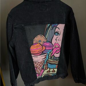 Pop Art Graphic Black Denim Jacket Y2K Statement Back Panel L
